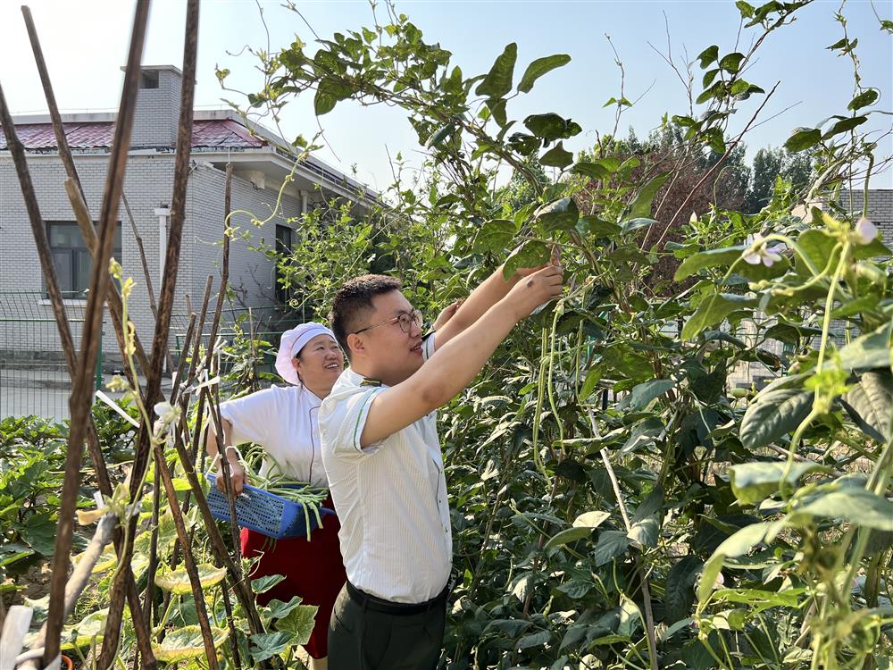 站区小菜地里的豆角、菜瓜、茄子陆续结果，员工快乐采摘。